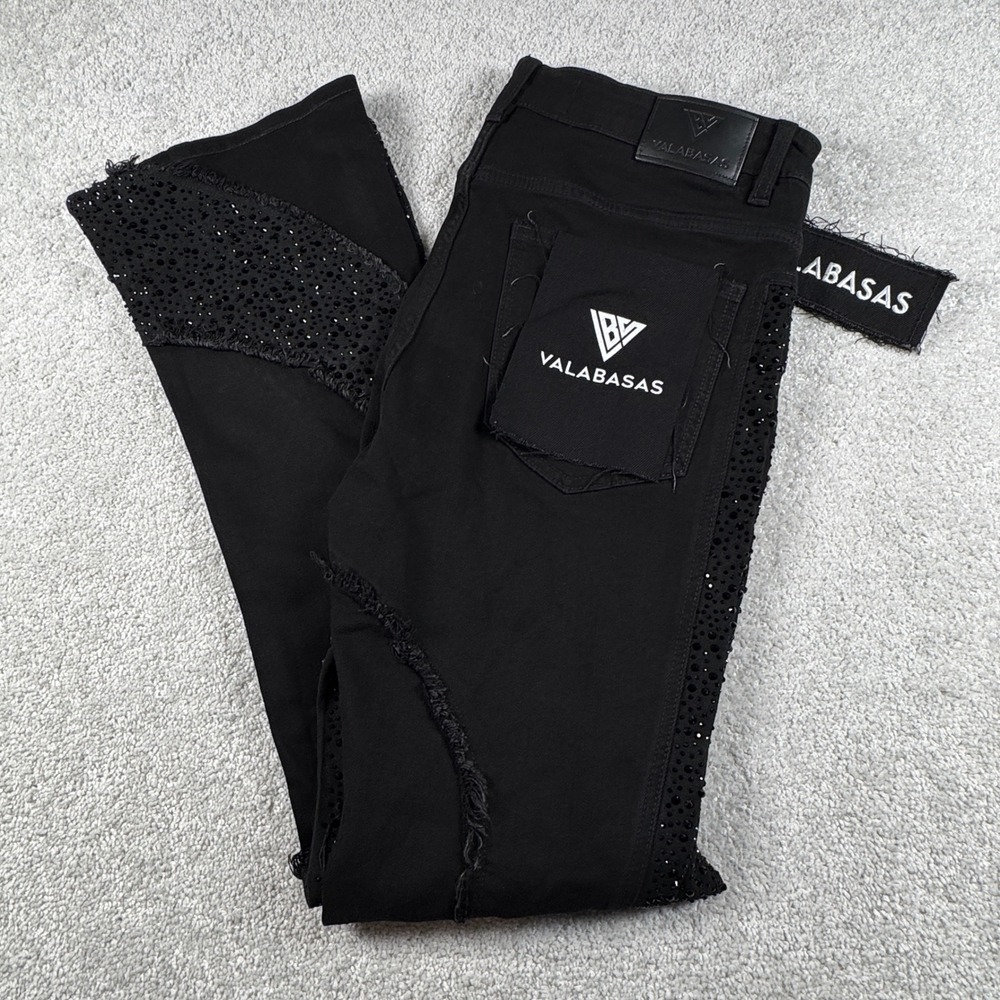 Valabasas Flare Jeans Women 34 Black Rhinestone Distressed Stacked Streetwear